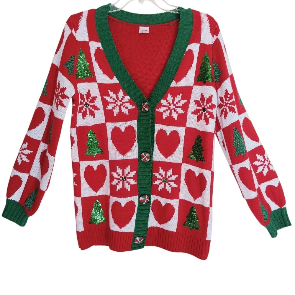 Holiday Time Cardigan Women XS Red Green Sequin Christmas Tree Heart Snowflake